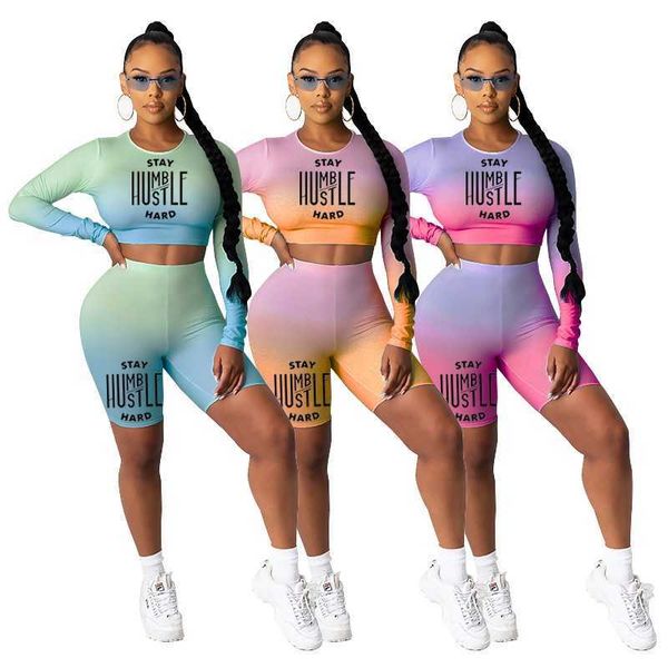 

women tracksuits two pieces set designer 2023 new letter printing gradient high elastic long sleeve shorts sportwear 3 colours, Gray