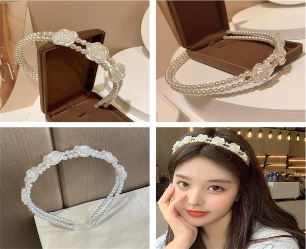 

sweet first love headband feeling retro rose pearl hair hoop minority korean doublelayer flower head hoop french female headdress4910597, Silver