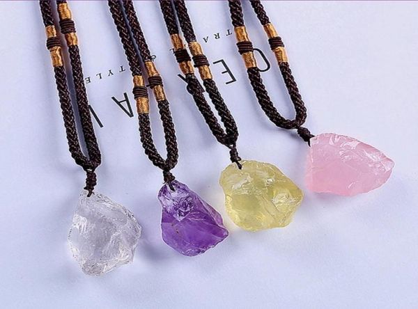 

whole irregular shape amethyst stone pendant handmade rope chain necklace yellow citrine crystal jewelry7558487, Silver