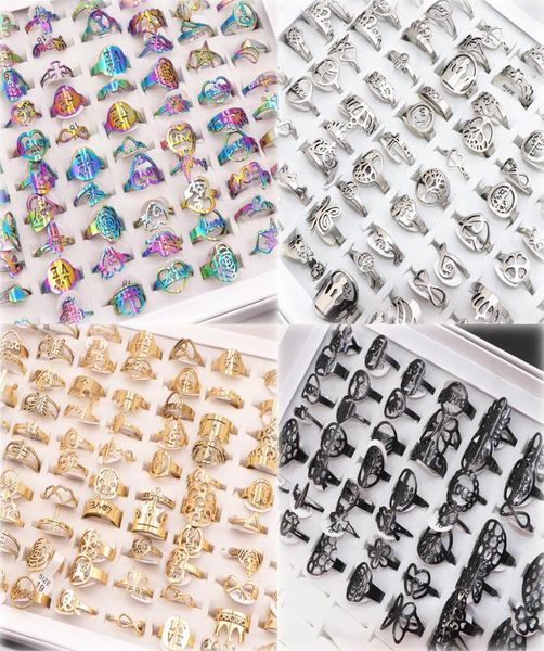 

50pcs band rings mix random style laser cut pattern four colors stainless steel ring women party4416182, Silver