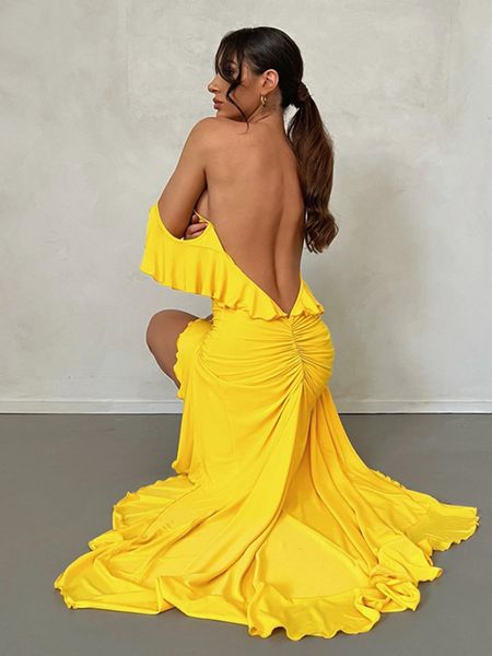 

urban dresses summer women's dresses backless bodycon mermaid dresses with ruffle trim yellow elegant evening party dresses 230707, White;black