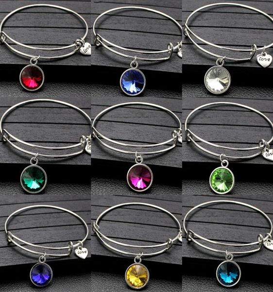 

12colors birthday stone crystal pendant bracelet alloy rhinestone push pull round hand ring heart love charm adjustable women jewe9541019, Golden;silver