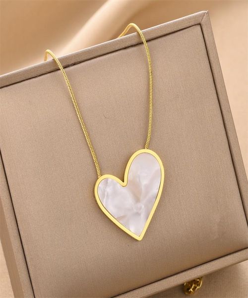 

black white shell heart pendant necklace 18k gold plated stainless steel jewelry for women gift8540521, Silver