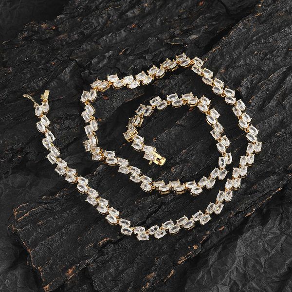 

gzw jewelry hip hop oval zircon necklace egg double row tennis tennischain for men 18k gold plated shiny aesthetic collier, Silver