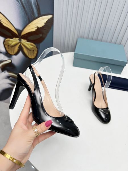 

brand designer dress shoes spring and autumn leather prad sandals fashion women's high-heeled boat shoes pz062, Black