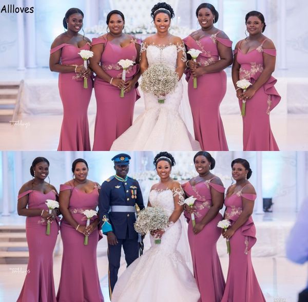 

pink bridesmaid dresses for african girls off shoulder satin elegant long mermaid girls formal party mermaid lace appliqued wedding guest ma, White;pink