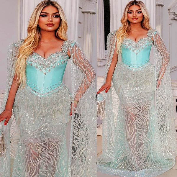 

2023 Aso Ebi Mint Mermaid Prom Dress Beaded Crystals Lace Evening Formal Party Second Reception Birthday Engagement Gowns Dresses Robe De Soiree ZJ698, Multi