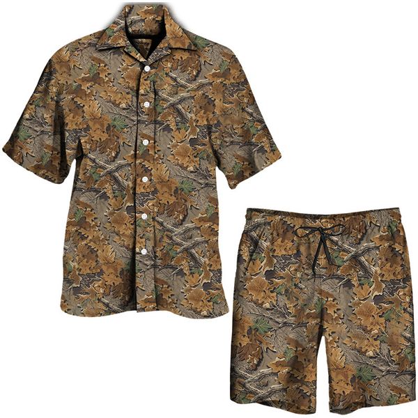 

men's tracksuits leaves camouflage 3d print hawaiian sets casual lapel buttoned shirtbeach shortsset male outfits outdoor sportswear su, Gray