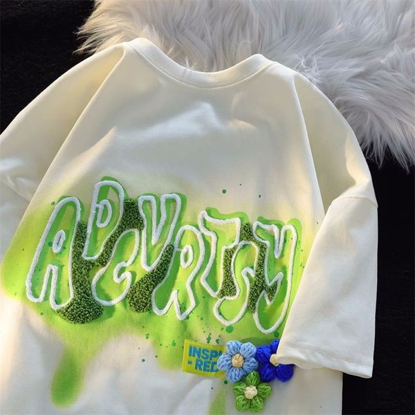 

women's tshirt green tie dye cartoon embroidery t shirts knitted flower kawaii tee oneck loose casual summer students girls korean tre, White