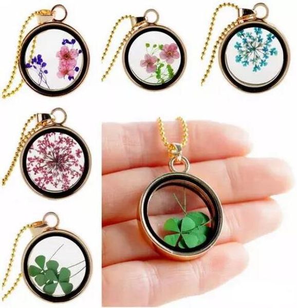 

9 colors clovers gold plated dried flower necklace round pendant clover floating locket charm necklace dry flower pendant necklace1072067, Silver