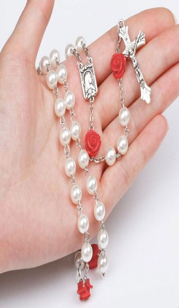 

8mm white imitation pearl bead holy rosaries necklace with rose flower catholic rosary quality bead cross necklace9024645, Silver