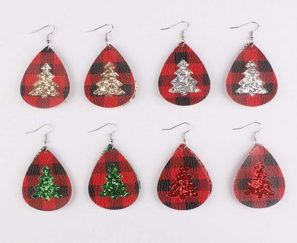

new trendy plaid baffalo christmas tree and glitter leather teardrop layering earrings for women christmas statement jewelry gifts1805308, Silver