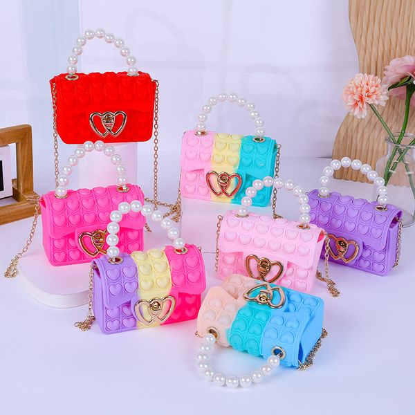 

heart pop fidget toy bag pearl handle messenger storage bag stress release pop coin purse storage with chain shoulder strap fashion gifts ba, Black