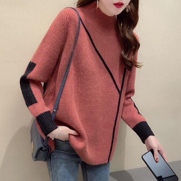 

pants fashion half high collar knitted spliced allmatch sweater women clothing 2022 autumn new oversized casual pullovers korean, White