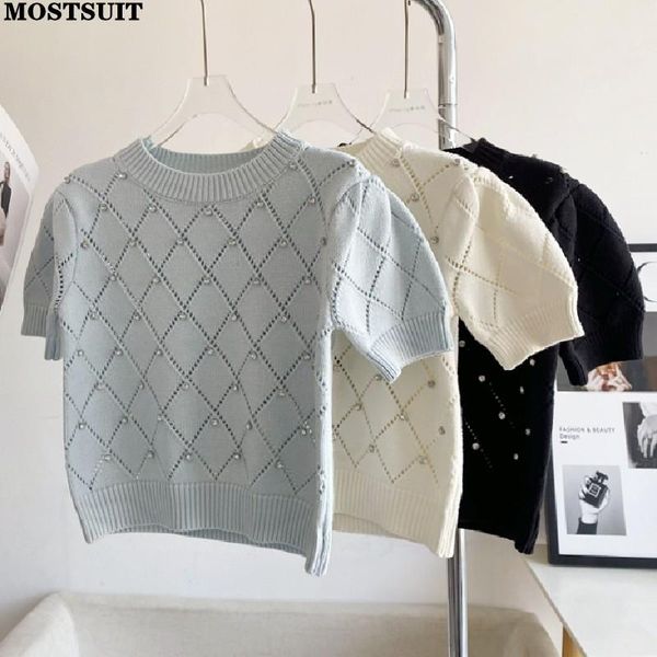 

dress diamonds argyle knitted korean sweater women 2023 summer short sleeve oneck knitwear pullover elegant stylish chic jumpers, White