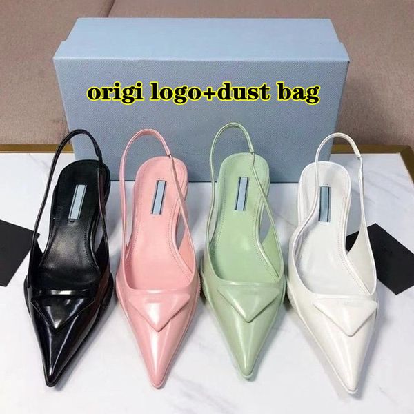 

women sandals designer high heels pointed shoes white black leather luxury p triangle logo 35mm 75mm thin heels women brand pumps with dust