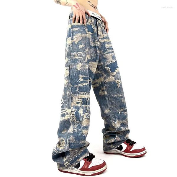 

2023 men's jeans pfnw summer china-chic ragged printed wash vintage wide leg streetwear contrast color techwear denim pants, Blue