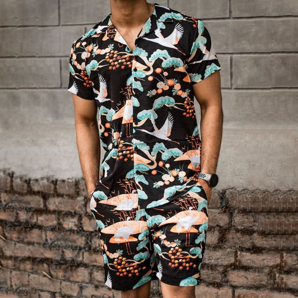 

mens tracksuits men hawaiian sets summer crane print short sleeve shirt beach button shorts streetwear holiday two piece suit 230707, Gray