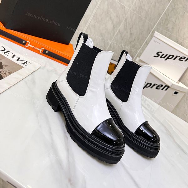 

winter boots designer woman thick sole martin ankle boot fashion platform booties patent cowskin leather slip on women shoes size 41, Black