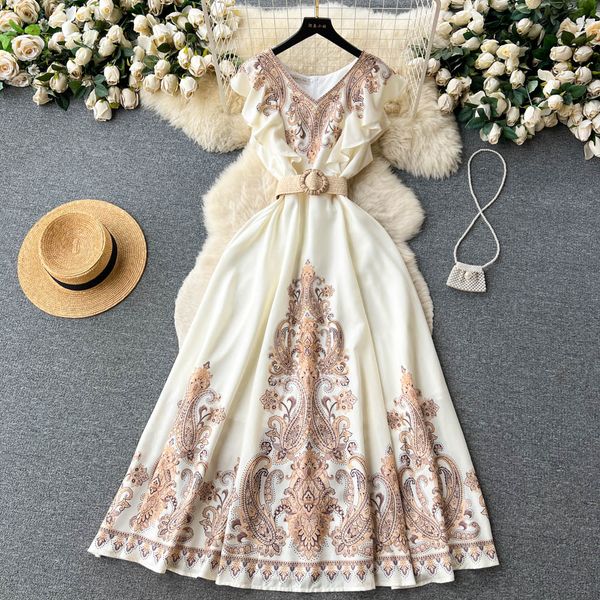 

basic casual dresses retro court sleeveless v-neck pleated a-line maxi dress for women fashion summer print slim party clothes vestido femin, Black;gray