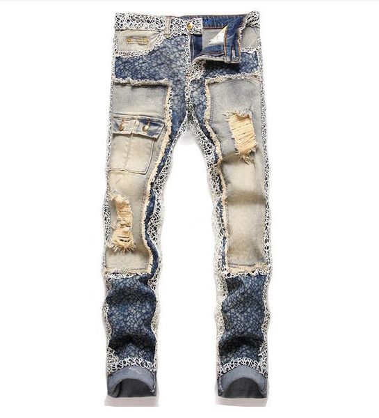 

men's jeans punk perforated multi pocket slim fit small feet youth pants trousers gzh3bp460, Blue