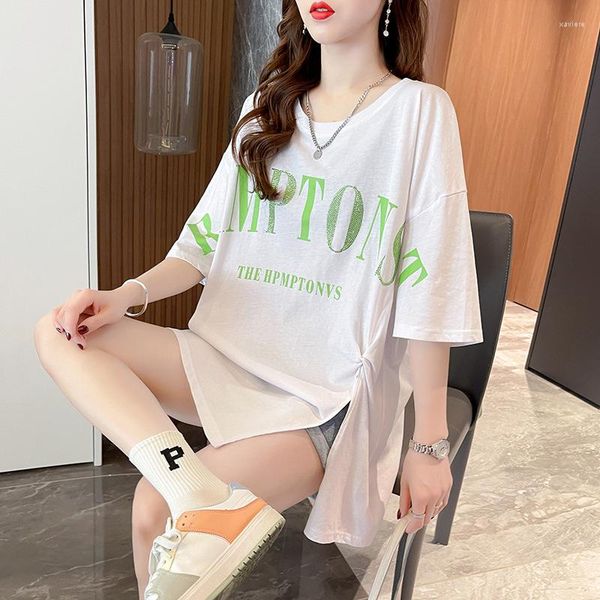 

women's t shirts duofan short sleeve t-shirt women letters diamonds loose cotton harajuku streetwear tshirts femme irregular printed te, White