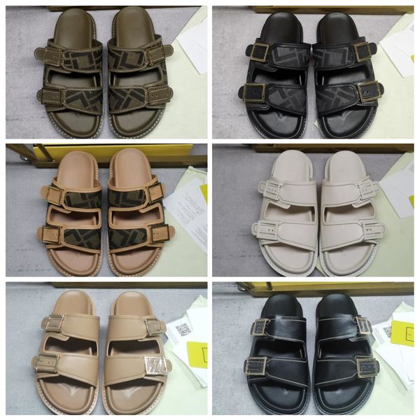 

mens sliders mens sandals designer slippers women men slippers genuine leather double buckle flat bottomed men shoes comfortable fashion abl, Black