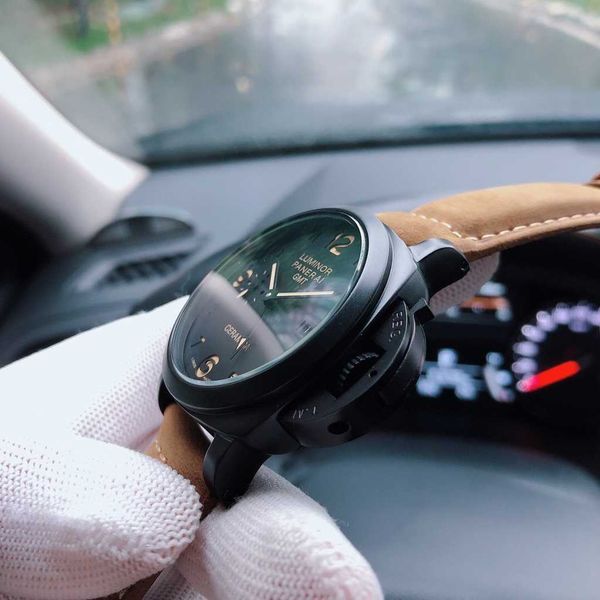 

luxury mechanical watch panaral_ sapphire mirror swiss automatic movement size 44mm imported cowhide strap ctcu, Slivery;brown