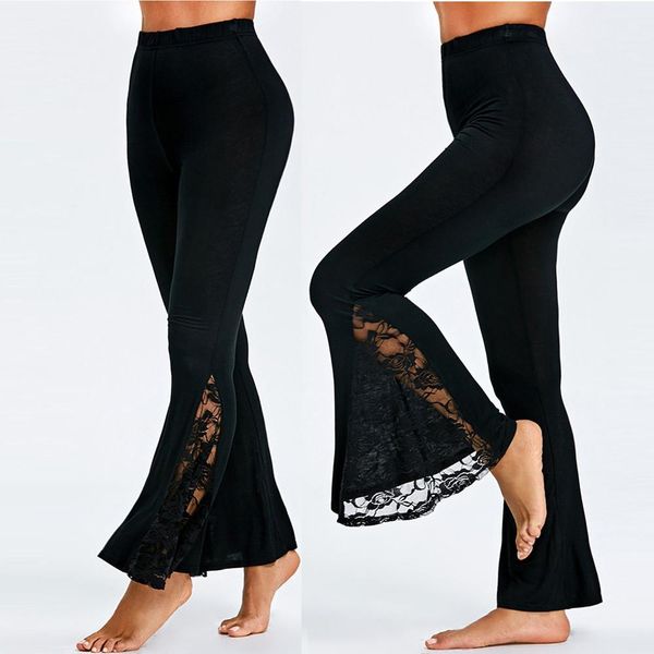 

capris cargo pants women plus size high waist leggings trousers lace panel casual flare pants women clothing pantalones de mujer, Black;white