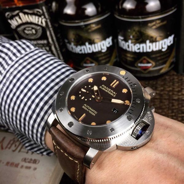 

luxury mechanical watch panaral_ swiss automatic mechanical movement sapphire mirror size 47mm imported cowhide watchband y5hp, Slivery;brown
