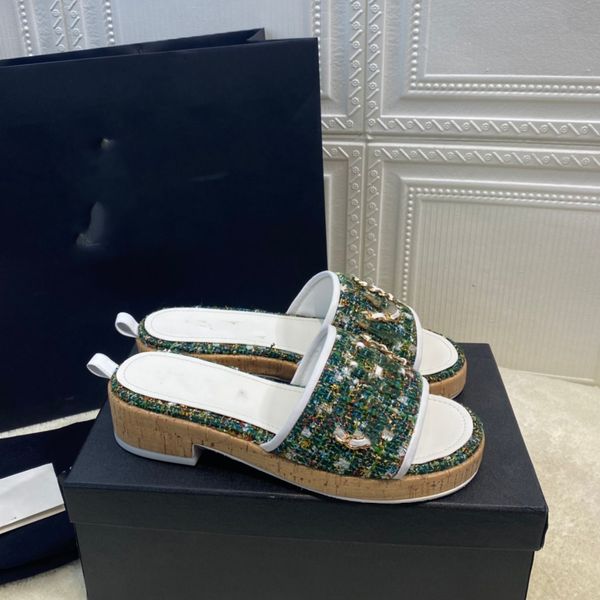 

designer platform sandals summer channel slippers women chain leather sandal outdoor beach flat woman ccity slide fhvc, Black