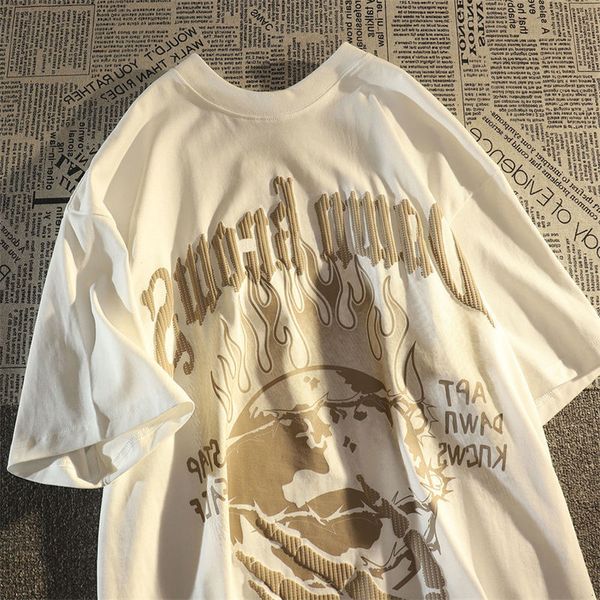 

womens tshirt european and american street creative flame short sleeved tshirt men and women ins summer loose american couple y2k clothes 23, White