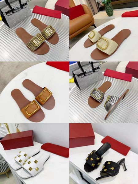

2023 designer slippers women's sandals v latest feast leather sandals red box dust bag women's shoes 35-42, Black