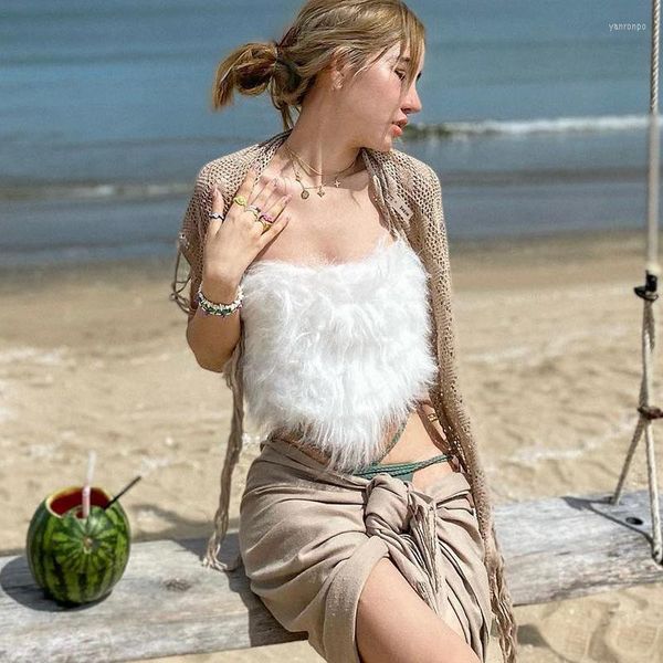

tanks 2023 women's fashion women fluffy furry tube female trendy chic all-match feather decoration sleeveless vest beachstyle, White