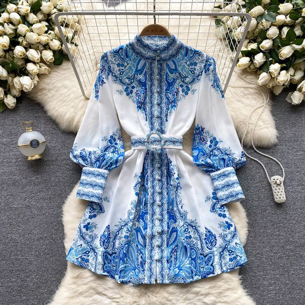 

basic casual dresses new fashion stand collar long sleeve vintage ethnic print a-line short dress women summer single breasted elegant vesti, Black;gray