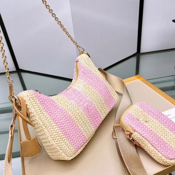 

with triangle straw crossbody bags shoulder messenger bag 2023 women summer woven gold chain fashion designer hobo purse three-in-one