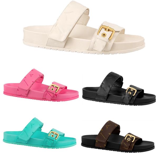 

bom dia comfort flat sandals designer slide womens comfortable lacquer canvas leather aging print clasp monograms slippers, Black