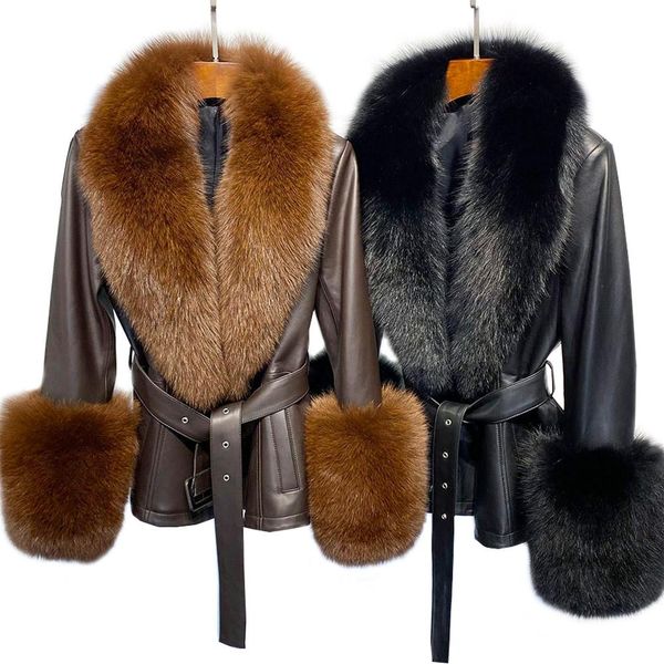 

pants go ballistic ya ladies leather jacket with big fur collar and cuff, Black