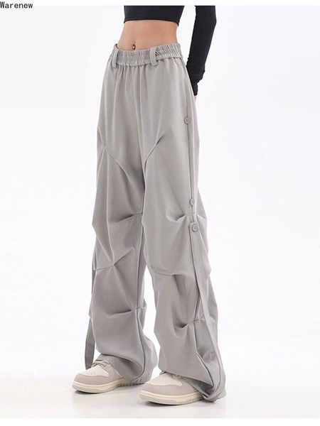 

y2k casual dresses women's wide leg elastic waist pants 2023 summer korean streetwear oversized high waist joggers grey pleated trouser, Black