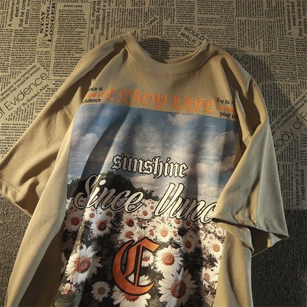 

womens tshirt american style retro high street sunflower short sleeved tshirt men and women loose ins summer versatile half sleeved couple 2, White