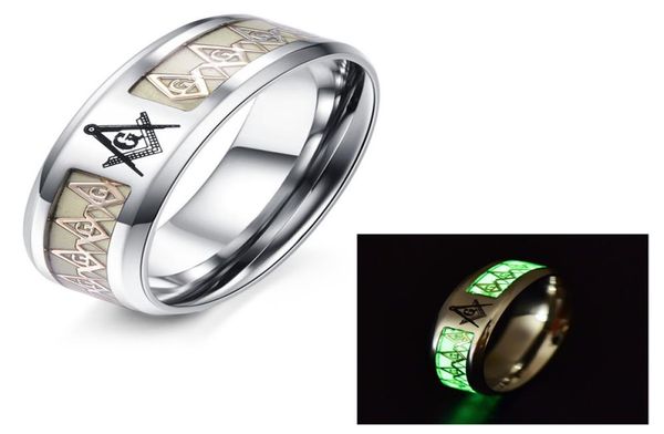 

new glow in the dark 8mm noctilucent masonic luminous ring dragon pattern stainless steel men ring mason male mason emblem sig8406755, Golden;silver