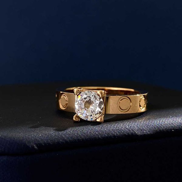 

internet celebrity stainless steel ring new fashion personality carti four-claw single diamond screw print couple 7a99, Silver