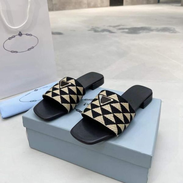 

fashion summer sandals women slippers senior triangle weaving slides family slip flats sliders italy classic rubber embroidery design casual, Black