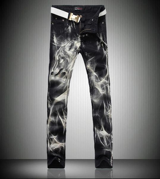 

fashion big size mens printed jeans black stretch slim fit painted wolf totem print night club singers trousers9671563, Black;green
