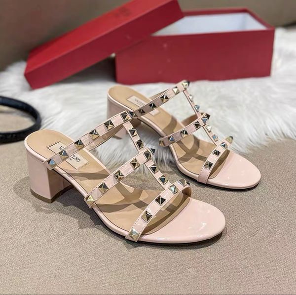 

brand summer rivet high-heeled women's sandals slippers genuine leather open-toed high-heeled sandals beach thick-heeled rivet classic, Black
