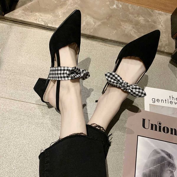 

sandals half wrapped shoes women's versatile thick heel spring/summer new bowknot sweet pointed high heels 230626, Black