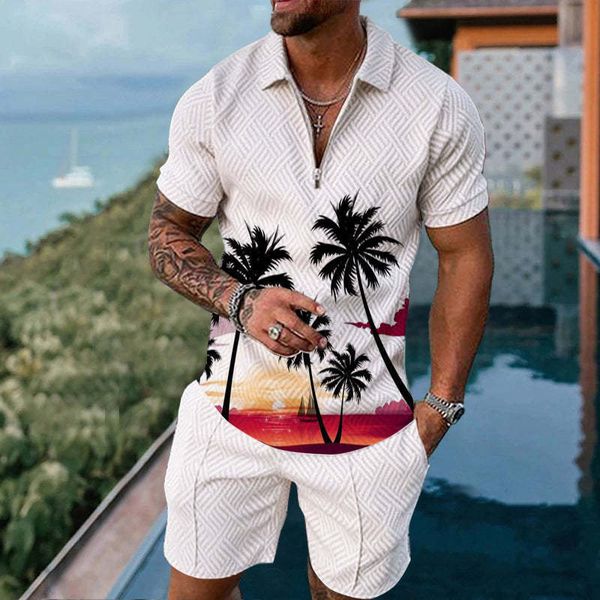 

mens tracksuits hawaiian polo shirt 2 piece outfit summer 3d coconut palm print man fashion luxury vacation short sleeve tracksuit set 23070, Gray