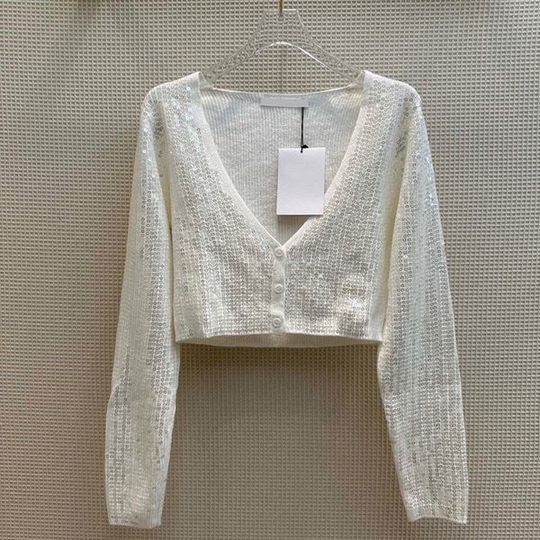 

23/heavy industry beaded piece temperament shows slim new knitted sweater cardigan women's short v-neck long sleeve outer wear top, White;black