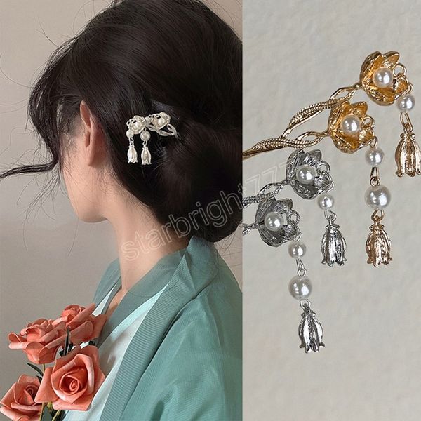 

vintage chinese style hanfu hair stick women metal flower hair fork hair chopsticks hairpin woman jewelry hair clip accessories, Slivery;white