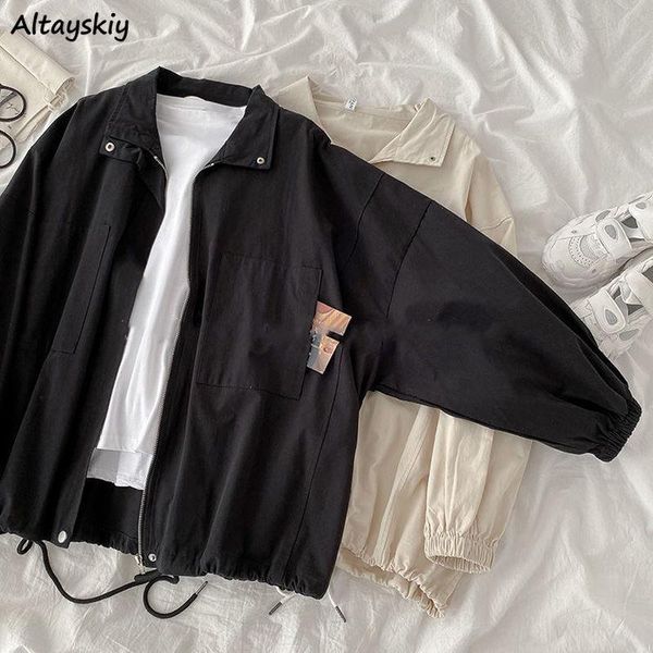 

pants women basic jackets solid zipper cargo style students haruku korean style loose windbreaker vintage coats bf cool ins clothes, Black